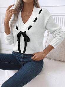 EMERY ROSE 女士休闲系带落肩毛衣，秋冬款 - 白色 - 查看 6