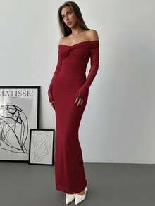 Aloruh Váy hẹn hò lãng mạn trễ vai phối lưới, thắt nút xoắn, chi tiết nhún bèo, tay dài - Màu Đỏ Sâu - Xem 3