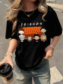 FRIENDS X SHEIN 休闲宽松圆领短袖女式T恤，适合夏季