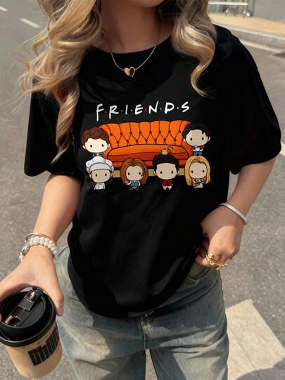 FRIENDS X SHEIN تي شيرت نسائية قصيرة الأكمام رقبة دائرية فضفاضة ، مناسبة للصيف