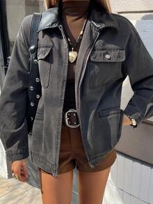 DAZY 女士宽松长袖翻领口袋休闲街头牛仔夹克，秋冬季Y2K - 灰色 - 查看 1