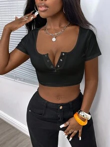 SHEIN EZwear Ladies' Summer Slim-Fit Casual Solid Front Button Cropped T-Shirt - Black - View 4