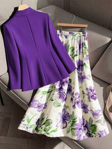 GlowEve CURVE Bộ đồ 2 mảnh thời trang dành cho nữ cỡ lớn, kiểu dáng thanh lịch, nhẹ nhàng, in hoa, gồm áo blazer và chân váy chữ A dáng rộng, trang phục công sở thường ngày, bộ áo blazer và chân váy cho nữ, bộ đồ hai mảnh cho nữ, áo blazer in hoa và chân váy, trang phục mùa xuân cho nữ. - Màu tím - Xem 2