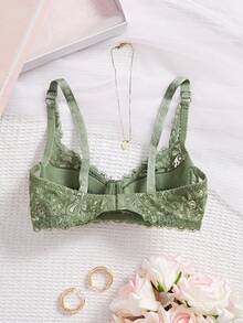Women's Army Green Lace Push Up Bra Elegant Scallop Details Plain Fantasy Style Lingerie - Army Green - View 2