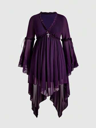 Plus Size Gothic Elegant Jacquard Mesh Irregular Flowy Hem Double Ruffle Flare Sleeve Party Dress, Autumn/Winter Plus Size Long Sleeve Flowy Gothic Everyday Plus Size Dress, Autumn/Winter Everyday Women's Dress, Plus Size Dark Purple Autumn/Winter Women's Dress, Christmas Long Women's Dress
