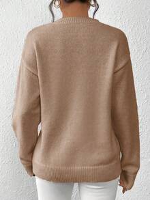 SHEIN LUNE Crew Neck Pullover Autumn/Winter Top, Pink Butterfly Beaded Embroidery Sweater - Camel - View 2