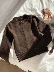 Comfortcana Áo len dài tay cổ tròn màu trơn thường ngày cho nữ, mùa thu/đông - Cà phê nâu - Xem 4