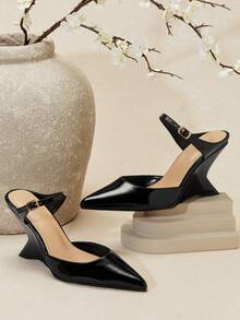 SHUZIA 女士优雅舒适踝带套脚坡跟鞋 - 黑色 - 查看 5