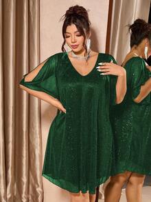 Cravure 大码女士优雅修身露肩亮片装饰网纱拼接纯色披肩袖长款派对连衣裙 - 綠色 - 查看 1