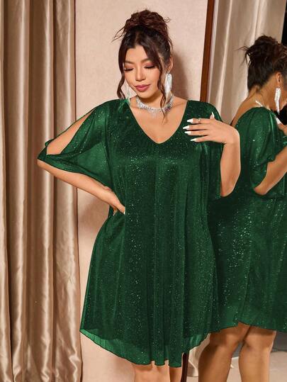 Cravure 大码女士优雅修身露肩亮片装饰网纱拼接纯色披肩袖长款派对连衣裙