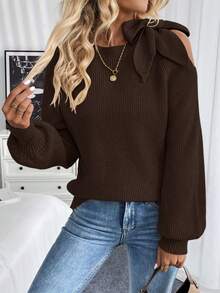 SHEIN LUNE Fashionable Solid Color Off-Shoulder Tie-Up Sweater, Versatile For Autumn/Winter - Coffee Brown - View 3