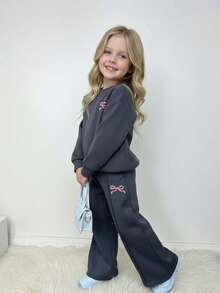 少女蝴蝶结印花圆领长袖卫衣和松紧腰运动裤套装 - 黑色 - 查看 4