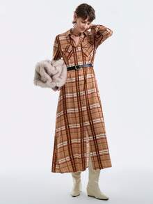 Aalyst Women's Brown Checkered Elegant Luxury Christmas Party Casual Maxi Shirt Dress,Autumn Occasion Vintage Plaid Shirt Collar Open Front Pocket Belt Waist - Multicolor - View 6