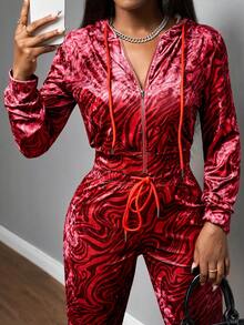 Slaydiva 2025秋冬新款音乐节假日西式游牧风生日派对毕业季学生日常街头基础百搭休闲Y2K高街辣妹连帽拉链外套+修身喇叭裤后臀热钻字母红色水波纹图案天鹅绒女式两件套，返校季，毕业季 - 紅色 - 查看 7