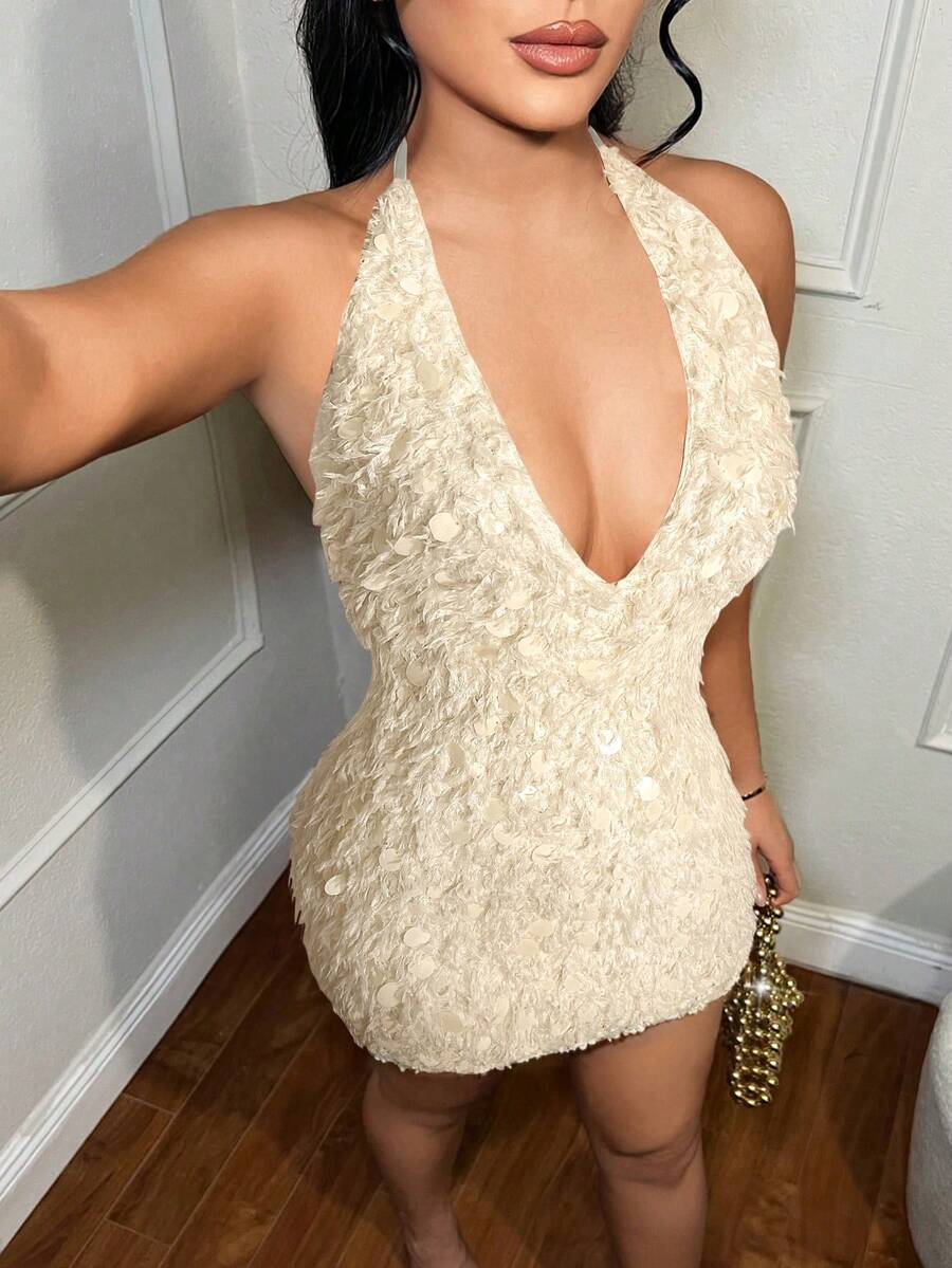 SHEIN SXY Women's Apricot Sequin Halter Neck Party Dress - Apricot - View 1