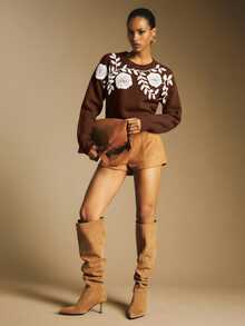 Poéselle 秋冬季休闲复古圆领长袖女式毛衣 - 巧克力棕 - 查看 7