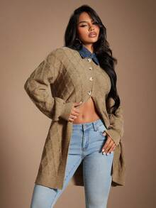 Radiana Women's Casual Commuter Colorblock Turndown Collar Button-Front Long Cardigan, Autumn/Winter,Sweaters For Women,Spring To Summer, - Brown - View 1