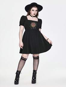 ROMWE Goth Váy tay bồng thêu hình trái tim thời trang cỡ lớn - màu đen - Xem 7