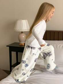 DAZY Young Girl Cute Cartoon Koala, Star, Silver Fox Plush Loose Pajama Pants, Autumn/Winter - White - View 6
