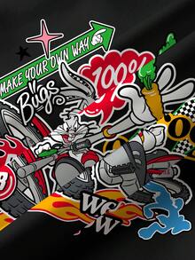 LOONEY TUNES X SHEIN 青少年男孩休闲时尚街头卡通字母拼布印花落肩宽松羊毛套头衫，秋冬 - 白色 - 查看 5