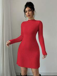 Selianne Váy dệt kim dài tay cổ đứng ôm sát màu trơn dành cho nữ - Đỏ - Xem 3