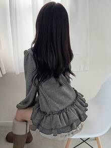 FRIFUL Áo thun nữ 2 trong 1, áo hai dây phối vải, áo khoác ngoài phối vải, áo thun ôm dáng ôm vừa vặn, kiểu dáng ngọt ngào, thường ngày, có nơ và bèo nhún. - Xám - Xem 8