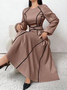 Modelyn 束腰蝴蝶结撞色滚边休闲时尚通勤派对连衣裙长款晚礼服 - 粉色 - 查看 4