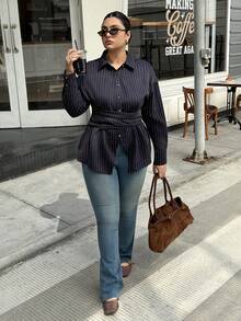 Dripcurv Women's Plus Elegant Waist Cinched Long Sleeve Shirt,Striped Blouse,Navy Blue,Autumn,Smart Casual,Everyday,Slim Fit Button Top For Business,Vacation - Navy Blue - View 4