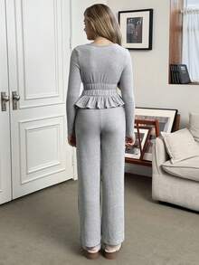 Sparklyn Teen Girl Solid Color Bow Decor Ruffle Hem T-Shirt And Pants Casual Outfit - Grey - View 6