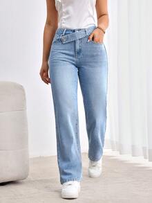 EMERY ROSE 女式不对称腰带口袋直腿宽松休闲牛仔裤 - 淺色水洗藍 - 查看 4