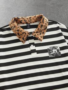 ROMWE MEN Street Life 男士字母和数字印花条纹 Polo 领长袖 T 恤 - 黑色 - 查看 3