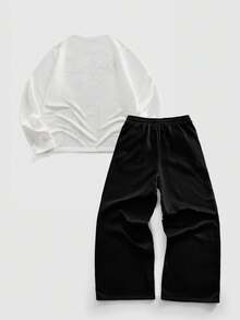 ROMWE MEN Street Life 男士圆领长袖荆棘印花T恤搭配抽绳腰阔腿裤休闲套装 - 黑與白 - 查看 2