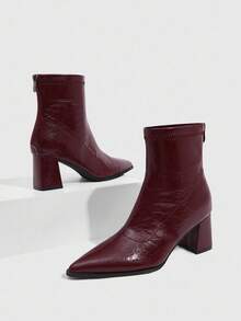 女士尖头踝靴，后拉链设计，时尚百搭，圣诞节必备 - 酒紅色 - 查看 2
