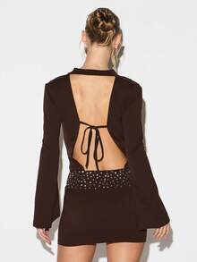 KIZN Deep V Plunge Neckline Cowl Mini Dress With Bell Sleeves And Studded Waist Detail For Evening Party - Brown - View 2