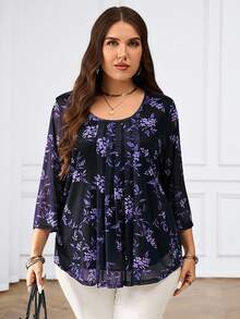 Miaspire Áo kiểu nữ cỡ lớn màu xanh hải quân in hoa, tay lỡ 3/4, thích hợp cho mùa hè. - Màu tím - Xem 1