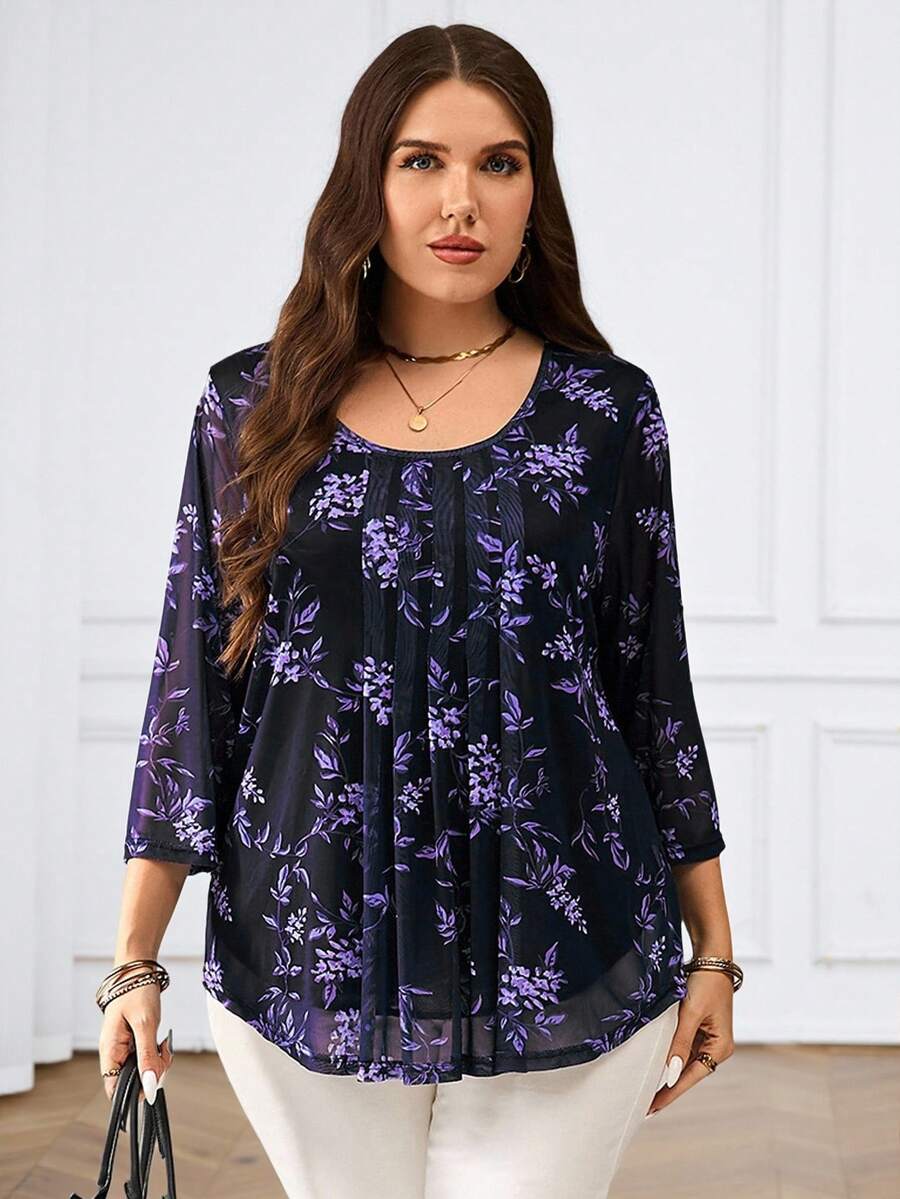 Miaspire Áo kiểu nữ cỡ lớn màu xanh hải quân in hoa, tay lỡ 3/4, thích hợp cho mùa hè. - Màu tím - Xem 1
