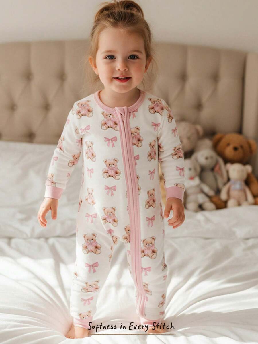 Cozy Pixies Baby Girl Snug Fit Pajama Set, Cartoon Bear & Bow Pattern Knit Soft Round Neck Long Sleeve Jumpsuit With Leggings, Versatile & Comfortable