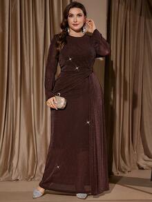 SHEIN Clasi 大码优雅派对闪亮扭结连衣裙 优雅派对礼服 圣诞派对服装 - 咖啡棕 - 查看 4