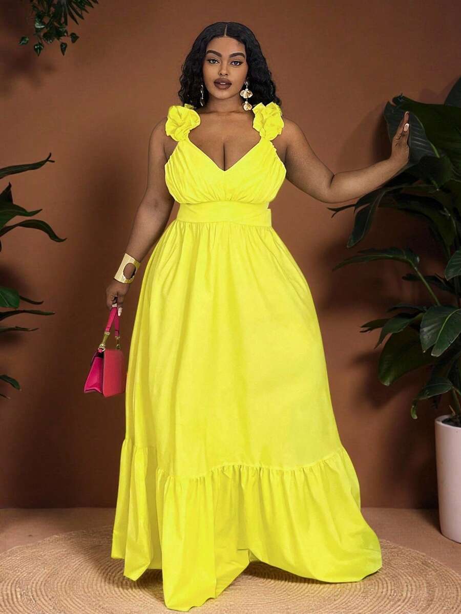 Veslaya 新款锐舞/复活节女装、复古富家女装、乡村音乐会服装、外出服装、仙女风、音乐节服装、热带度假女装、夏季女装、夏季、锐舞、欧洲夏季、春季服装、西部牛仔大码女装、音乐会服装、毕业典礼服装、百搭休闲纯色荷叶边系带深V领层叠长款连衣裙 - 黄色 - M - 黃色 - 查看 1