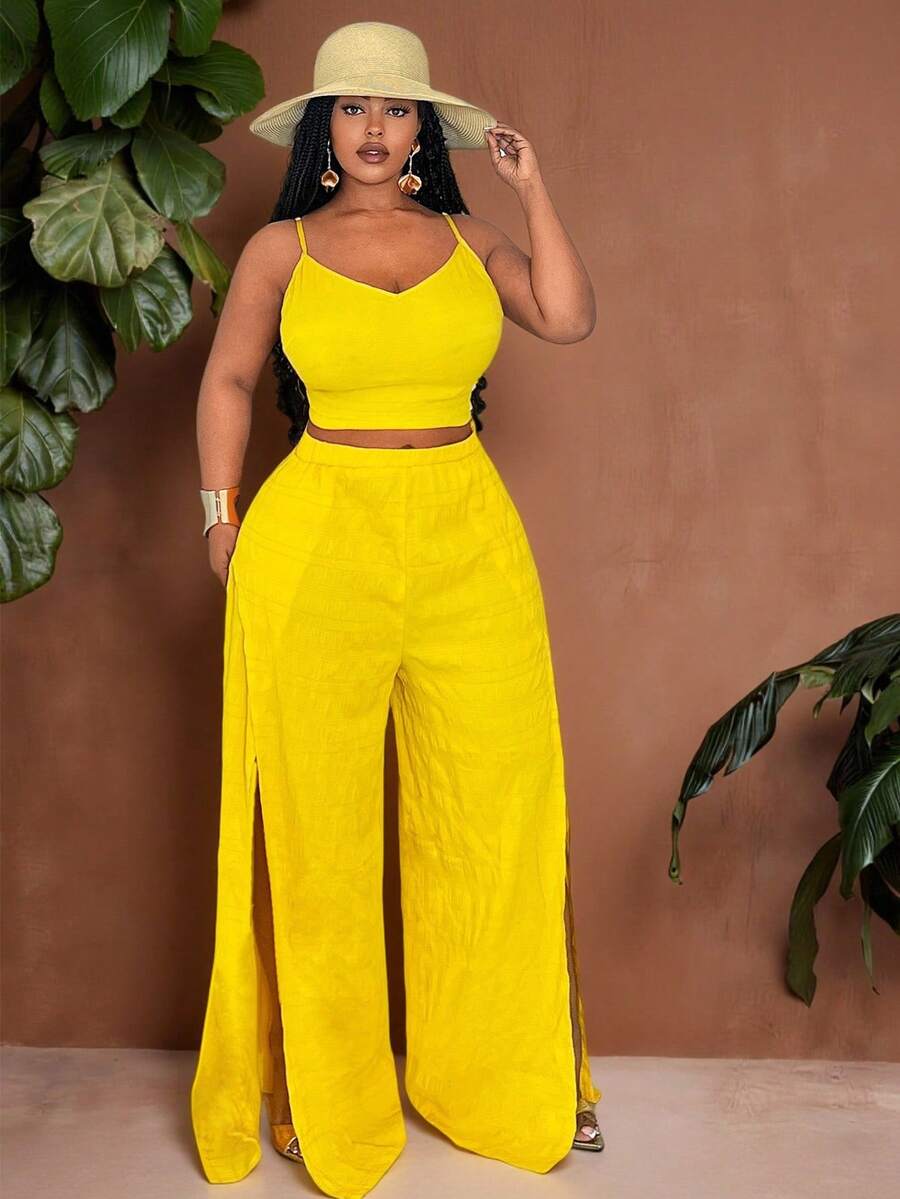 Veslaya 大码修身背心和喇叭拼色裤两件套，黄色前开衩，夏季度假装 - 黃色 - 查看 1
