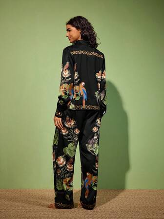 Felipe Marques Damen Schlafanzug Set mit Blume Muster, bestehend aus Langarm-Top mit Knopfleiste und Hose