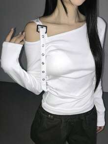 DAZY 女士斜领搭扣修身休闲不对称肩长袖T恤 春季 - 白色 - 查看 1