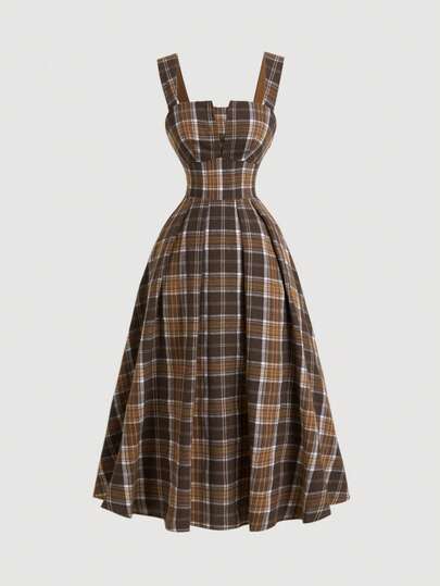 SHEIN MOD 女士格子中长吊带裙，返校季，秋季女装，万圣节服装，复古服装，喇叭裙，70年代风格服装，秋季连衣裙，舞会礼服，夏季连衣裙，格子连衣裙，单身派对服装