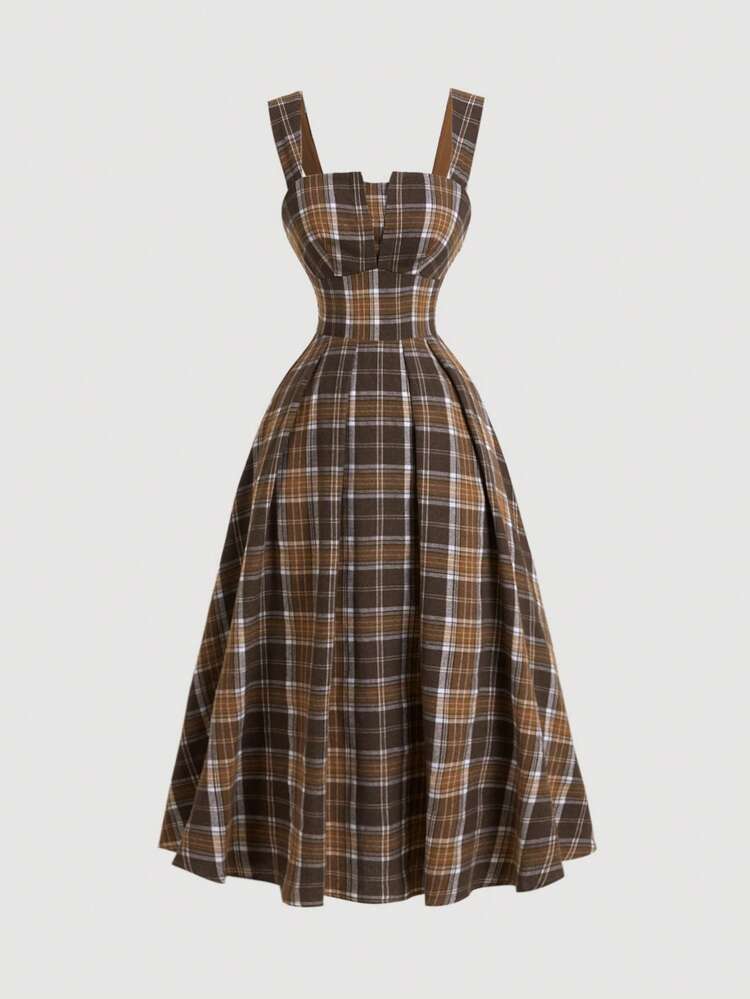 SHEIN MOD Vestido de slip de longitud media a cuadros para mujer, de vuelta al colegio, atuendos de mujer de otoño, vestido de Halloween, atuendos vintage, vestido acampanado, atuendos de los 70, vestidos de otoño, vestido de graduación, vestido de verano, vestido a cuadros, atuendos de despedida de soltera - Multicolor - Añade 1