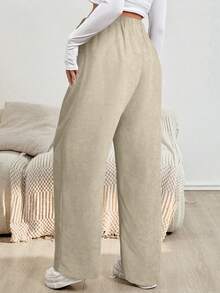 SHEIN Quần dài bà bầu màu trơn đơn giản có dây rút ở eo - Màu Khaki - Xem 2