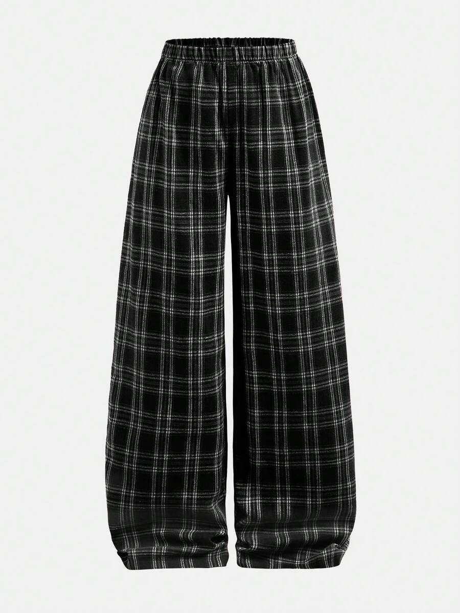 Girlism 少女格子日常穿着抓绒足球/运动裤 黑白运动阔腿裤 - 黑與白 - 查看 1
