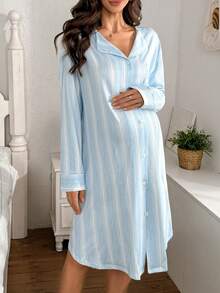 Moonlight&Mama Casual Striped Print Lapel Buttoned Front Pocket Long Sleeve Maternity Nightgown Dress, Winter - Multicolor - View 6