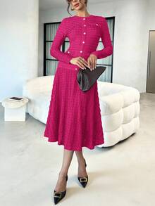 Lavishia Đầm midi ôm sát, cổ tròn tay dài, chất liệu thun dệt kim co giãn màu nâu Mocha, thời trang - Màu Hồng Tươi - Xem 8