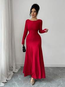 Selianne 2025 Red Autumn Elegant Dining Dress Women's French Style High Elasticity Knit Ruched Split Crew Neck Fitted Vintage Formal Party Wear - Burgundy - View 5