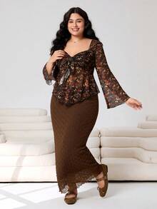 SHEIN EZwear قميص تي شيرت طويل الأكمام ذو أكمام واسعة مع عقدة أمامية، طباعة زهور صغيرة، قماش مطاطي شبكي، مناسب للكاجوال والمواعدة والتنقل والحفلات، مقاسات كبيرة - متعدد الألوان - مشاهدة 5